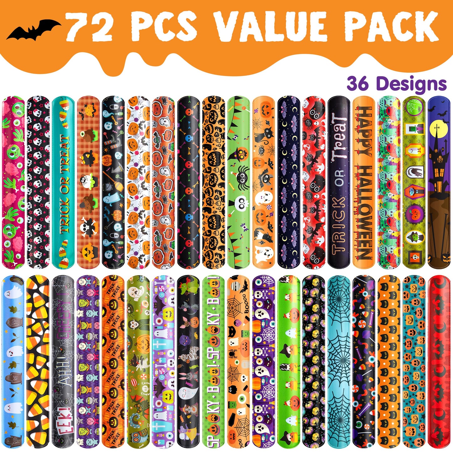 JOYIN 72 PCS Halloween Slap Bracelets for Kids Gift, 36 Different Design Bracelets Bulk for Halloween Party Favor Supplies, Friendship Bracelets for Halloween Goodie Bag Fillers