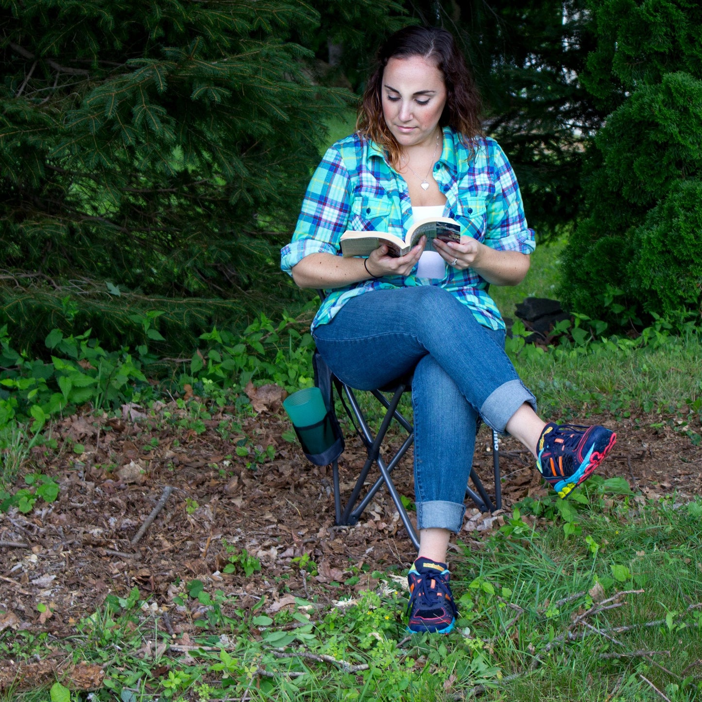 GCI OUTDOOR Quik-E-Seat | Portable, Folding Tripod Chair with Drink Holder and Padded Lumbar Support, Perfect for Sitting Anywhere — Midnight