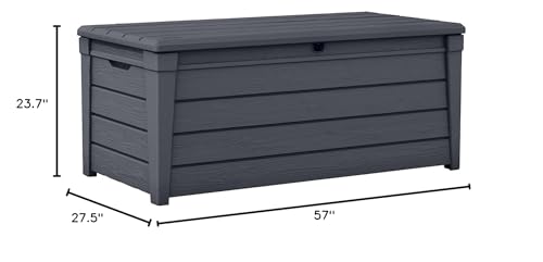 Keter Brightwood 120 Gallon Resin Large Deck Box for Patio Garden, Outdoor Cushion Storage, Pool Accessories, Tools, Grey
