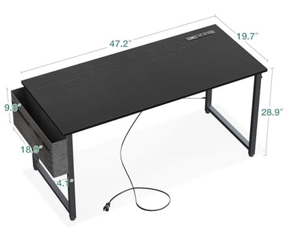 KKL Small Desk with Power Outlets and USB Port Computer Desk for Home Office Gaming Simple Modern Style Writing Desks with Storage Bag Headphone Hook, 48 inch, Black