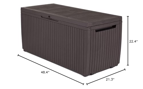 Keter Springwood 80 Gallon Resin Outdoor Storage Box for Patio Furniture Cushions, Pool Toys, and Garden Tools with Handles, Brown