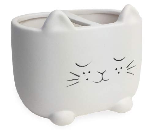 Isaac Jacobs White Ceramic Cat Makeup Brush Holder, Multi-Purpose 2-Section Organizer. Bathroom, Kitchen, Bedroom, Office Décor (2-Section Cup, Pastel White)