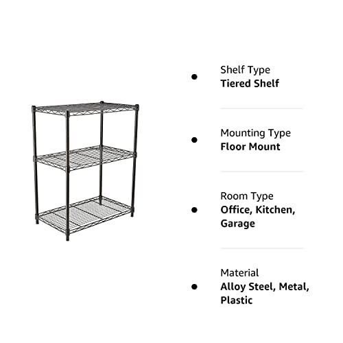 Amazon Basics 3-Shelf Adjustable Heavy Duty Steel Wire Rack Storage Shelving Organizer for Kitchen, Garage, 23.2" L x 13.4" W x 30" H, Black