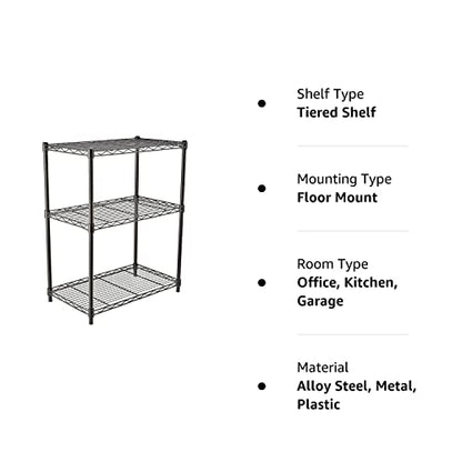Amazon Basics 3-Shelf Adjustable Heavy Duty Steel Wire Rack Storage Shelving Organizer for Kitchen, Garage, 23.2" L x 13.4" W x 30" H, Black