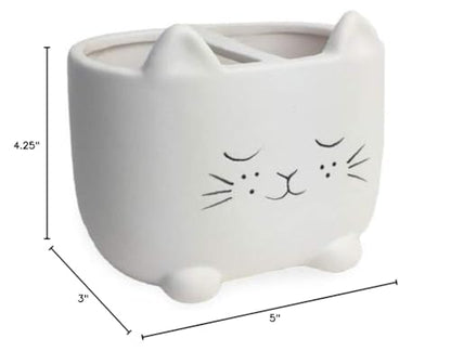 Isaac Jacobs White Ceramic Cat Makeup Brush Holder, Multi-Purpose 2-Section Organizer. Bathroom, Kitchen, Bedroom, Office Décor (2-Section Cup, Pastel White)