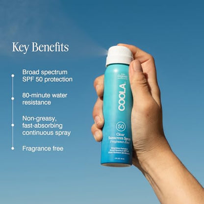 COOLA Organic Sunscreen SPF 50 Sunblock Spray, Dermatologist Tested Skin Care for Daily Protection, Vegan and Gluten Free, Fragrance Free, 2 Fl Oz