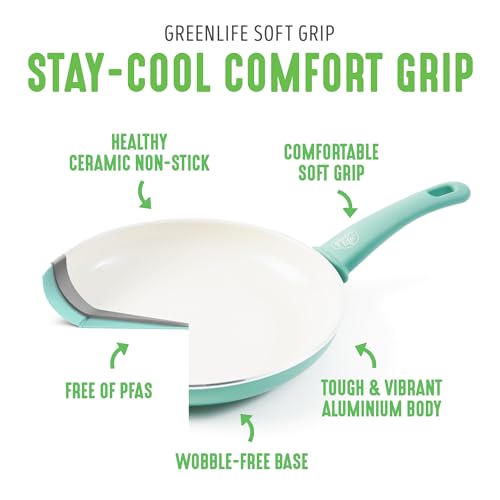 GreenLife Non Stick Fry Pan Set (7" & 10"), Non-Toxic PFAS-Free Ceramic Skillets, Dishwasher & Oven Safe, Egg Omelet Frying Pans, Stay- Cool Handles, Kitchen Home Cooking Essentials, Turquoise