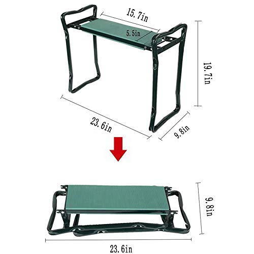 FIAMER Garden Kneeler Seat Folding Stool Work Seat Flower Planting Grass Belt Tool Bag Camping Outdoor Portable Garden Stool with 1 Bonus Tool Pouches (23.5"x19.3", Green)
