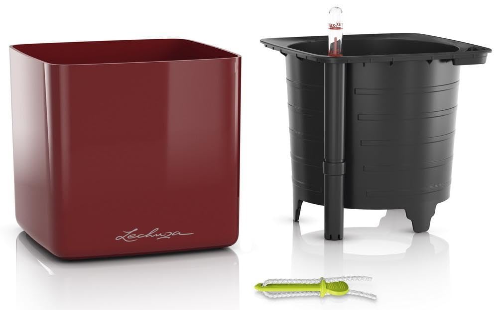 Lechuza Glossy Cube 16 Self-Watering Planter with Water Level Indicator, High Gloss Scarlet Red