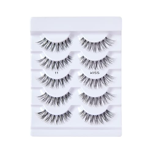 KISS So Wispy, False Eyelashes, 'Style #11', 12 mm, Includes 5 Pairs Of Lashes, Contact Lens Friendly, Easy to Apply, Reusable Strip Lashes, Glue On, Mulitpack