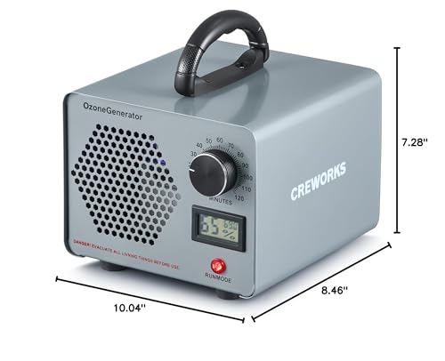CREWORKS Ozone Odor Machine, Commercial Ozone Generator Air Purifier with Timer Display, 38000 mg/h Ozone Machine for Car Home Smoke Pet Odor Removal, High Capacity for 3200 sq ft Room, Silver