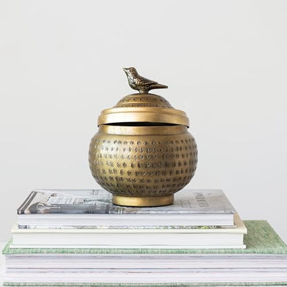 Creative Co-Op Round Hammered Metal Container with Bird Finial, Brass Finish