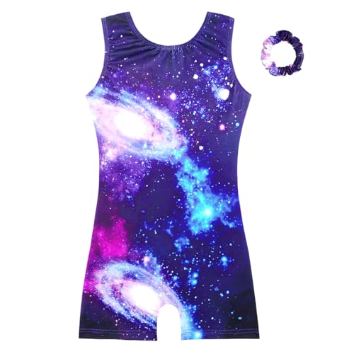 HOZIY Leotard for Girls Gymnastics With Shorts 5t Size 5-6 Years Scrunchy Tumbling Outfits Biketards Navy Blue Galaxy Space Stardust Non Sparkly