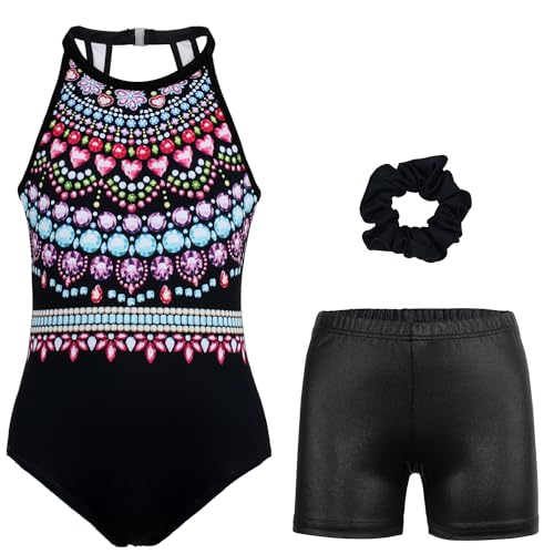 JOYSTREAM Gymnastics Leotards for Girls With Shorts Sparkly Ballet Dance Clasp Back Activewear Imitation Jewelry,10-11Years