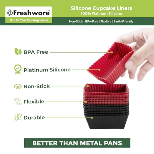 Freshware Cupcake Liners, Pack of 12 Silicone Muffin Cups, 2.8 Inch Baking Cups, Reusable & Non-stick Cupcake Liners for Party Halloween Christmas, Rectangular
