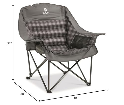 Guide Gear Oversized Extra Large Padded Camping Chair, Portable, Folding, Large Camp Lounge Beach Chairs for Outdoor, Adults, Men and Women, Heavy-Duty 400 Pound Capacity, with Cup Holder Gray Plaid
