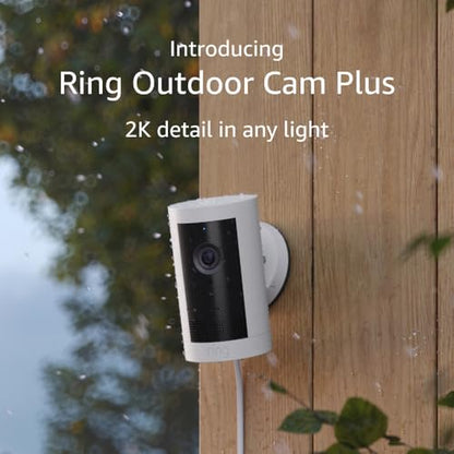 Introducing Ring Outdoor Cam Plus, Plug-In — Wide-Angle 2K Video with Ring Vision, Low-Light Sight for full-color night vision, Mount-anywhere versatility, White