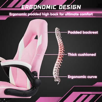 Gaming Ergonomic Office Chair for Adults, Height Adjustable Computer Desk Chair with Flip-up Armrests, PU Leather Swivel Video Game Chair with 360° Rolling Wheels, Pink