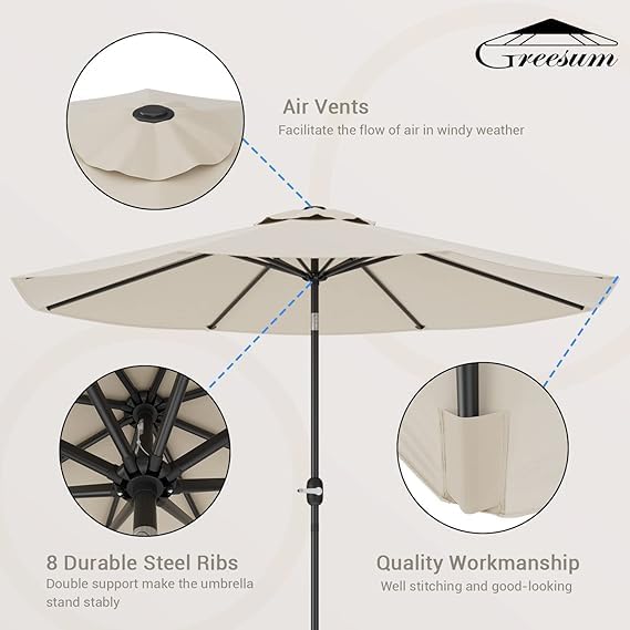 Greesum 9FT Patio Umbrella with Push Button Tilt and Crank, Outdoor Table Umbrella with 8 Sturdy Ribs, Market Table Parasol for Garden, Lawn, Backyard & Pool, Without Base, Beige