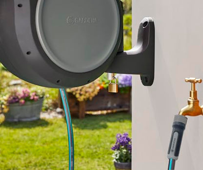 GARDENA 20505, 100' Retractable Garden Hose Reel with US Hose Threads - 100' x 1/2" hose, Automatic Retraction & Length Lock for Easy Watering. Heavy Duty Swivel Bracket 180°, Includes Nozzle.