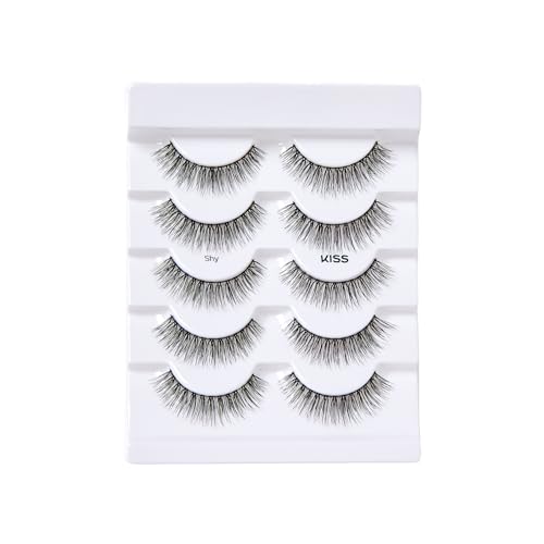 KISS Looks So Natural, False Eyelashes, 'Shy', 12 mm, Includes 5 Pairs Of Lashes, Contact Lens Friendly, Easy to Apply, Reusable Strip Lashes, Glue On