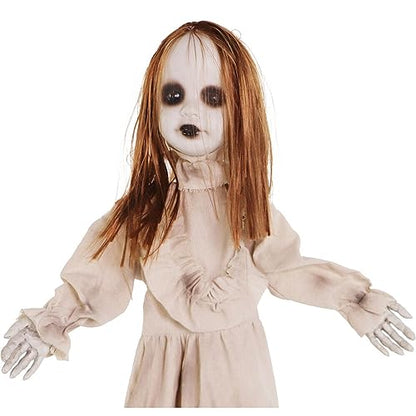 Haunted Hill Farm Floating, Talking Zombie Girl Animatronic with Blue Chest Light for Scary Free-Hanging Halloween Decoration,5 x 16 x 47
