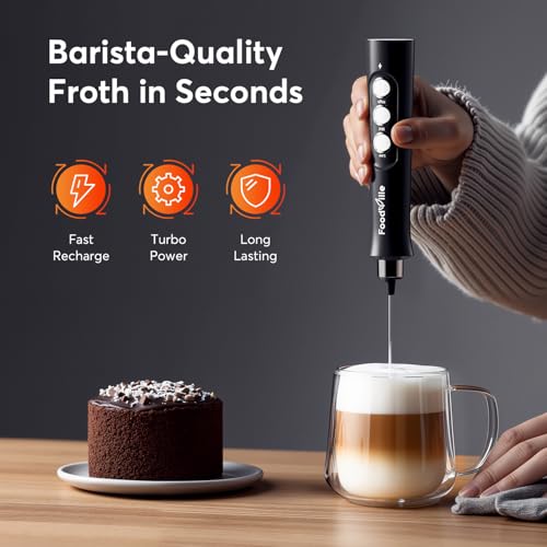 FoodVille MF02 Rechargeable Milk Frother Handheld Foam Maker with Stainless Whisk for Cappuccino, Latte, Bulletproof Coffee, Keto Diet, Protein Powder, Matcha