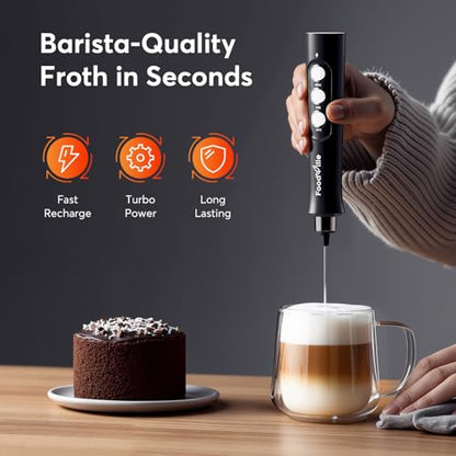 FoodVille MF02 Rechargeable Milk Frother Handheld Foam Maker with Stainless Whisk for Cappuccino, Latte, Bulletproof Coffee, Keto Diet, Protein Powder, Matcha