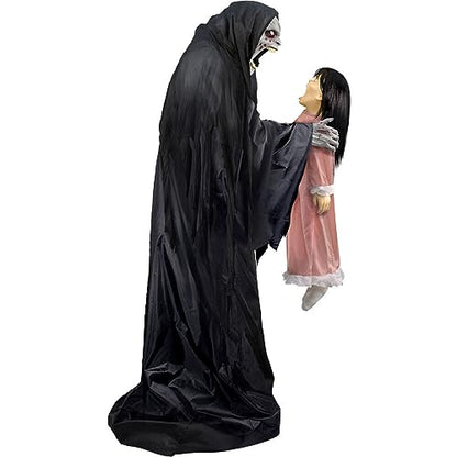 Haunted Hill Farm Soul Sucker Demon Reaper with Child by Tekky, Motion-Activated Talking Halloween Animatronic for Creepy Indoor or Covered Outdoor Halloween Decorations, Plug-in or Battery Operated