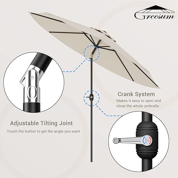 Greesum 9FT Patio Umbrella with Push Button Tilt and Crank, Outdoor Table Umbrella with 8 Sturdy Ribs, Market Table Parasol for Garden, Lawn, Backyard & Pool, Without Base, Beige