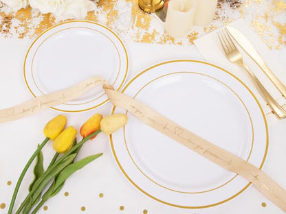 GATHER 176 Pieces Gold Dinnerware Disposable - White and Gold Plastic Plates Includes 50 Plates, 25 Plastic Silverware, 25 Napkins, 25 Cups and 1 Tablecloth for Wedding Party