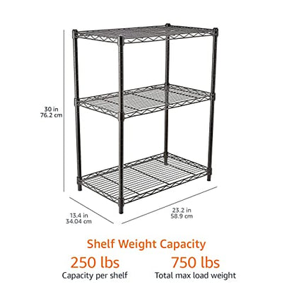Amazon Basics 3-Shelf Adjustable Heavy Duty Steel Wire Rack Storage Shelving Organizer for Kitchen, Garage, 23.2" L x 13.4" W x 30" H, Black