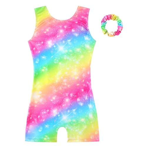 HOZIY Tumbling Outfits for Girls 5t 5-6 Years Rainbow Leotards with Scrunchie Gymnastics Clothes Tumbling Outfits Biketard Colorful