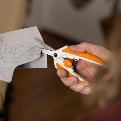 Fiskars Micro-Tip Spring Assisted Scissors, Precision Cutting Stainless Steel Blades, Comfort Handle, Cut Details in Fabric, Sewing Scissors and Arts and Crafts Tools