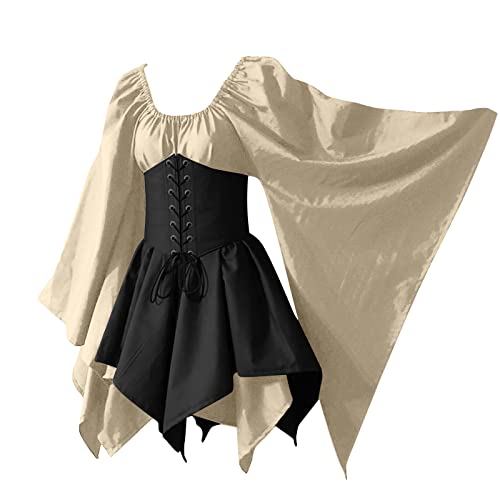 KEGIRLOM Clearance Warehouse Deals Women's Medieval Renaissance Dress Costume Flare Sleeve Corset Skirt Overskirt Elven Archer Irish Over Gown 2pcs Set,Victorian Dressing Gown Women