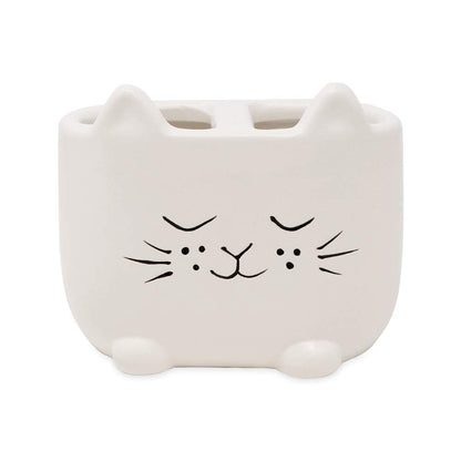 Isaac Jacobs White Ceramic Cat Makeup Brush Holder, Multi-Purpose 2-Section Organizer. Bathroom, Kitchen, Bedroom, Office Décor (2-Section Cup, Pastel White)