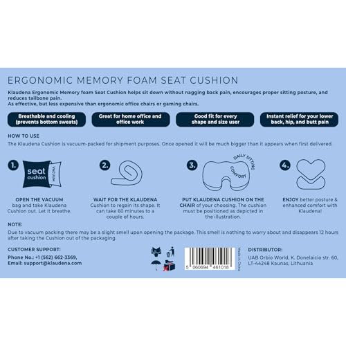 Klaudena | Office Chair Cushion for Tailbone Pain & Pressure Relief | Seat Cushion for Long Sitting Hours | Coccyx Lower Back Support | Memory Foam Cushions for Hip & Sciatica | Ergonomic Butt Pillow