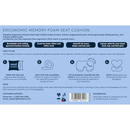 Klaudena | Office Chair Cushion for Tailbone Pain & Pressure Relief | Seat Cushion for Long Sitting Hours | Coccyx Lower Back Support | Memory Foam Cushions for Hip & Sciatica | Ergonomic Butt Pillow