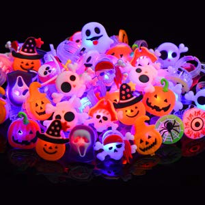 50 Pack 3D Halloween LED Glow Ring, Light Up Toys Glow in the Dark Birthday Halloween Party Favors Decorations Supplies for Kid Adults Flash Finger Rubber Ghost Pumpkin Skeleton LED Finger Lights