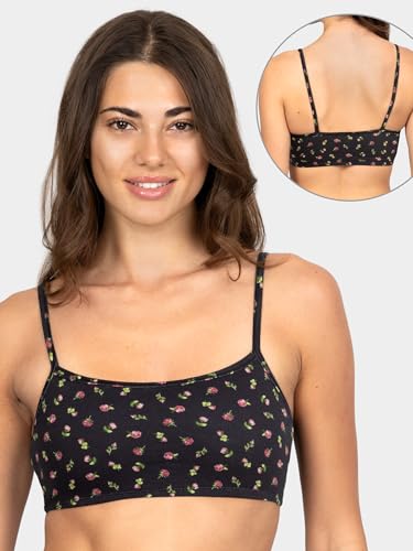 Fruit of the Loom Women's Spaghetti Strap Cotton Pullover Sports Bra Value Pack, Dancing Rosebuds/Lilas/White/Charcoal