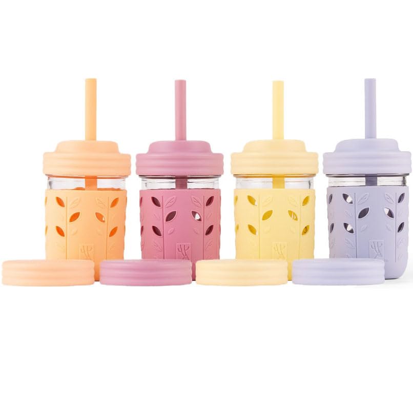 Elk and Friends Kids & Toddler Cups | The Original Glass Mason jars 8 oz with Silicone Sleeves & Silicone Straws with Stoppers | Smoothie Cups | Spill Proof Sippy Cups for Toddlers | 4 Pack