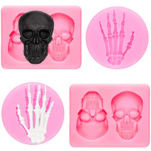 4 Pieces 3D Skeleton Hands Skull Silicone Fondant Molds Halloween Party Chocolate Candy Clay Moulds for DIY Chocolate, Cake, Pudding, Ice Cream, Epoxy Resin Mould, Pink