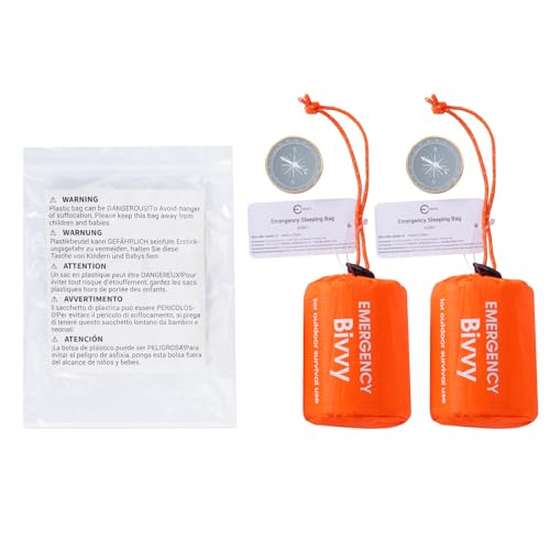 Esky Emergency Sleeping Bag, 2 Pack Survival Bag Portable Thermal Bivy Sack, Waterproof Lightweight Emergency Blanket Survival Gear with Compass for Camping Hiking Outdoor Adventure