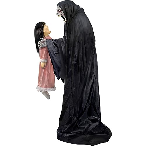 Haunted Hill Farm Soul Sucker Demon Reaper with Child by Tekky, Motion-Activated Talking Halloween Animatronic for Creepy Indoor or Covered Outdoor Halloween Decorations, Plug-in or Battery Operated