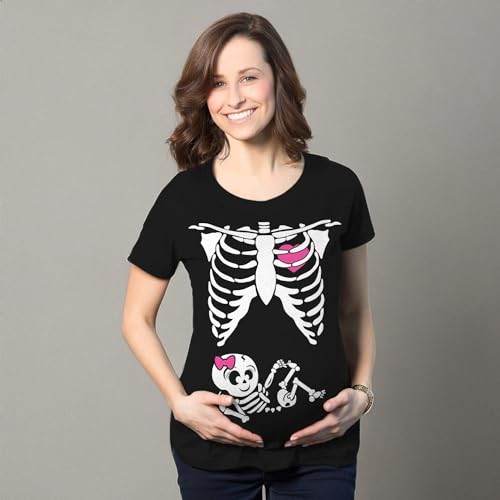 Crazy Dog Womens Maternity T Shirt Funny Skeleton It's A Girl Baby Annoucement Halloween Graphic Novelty Tee Cute Pregnancy Announcement Halloween Costume Black L