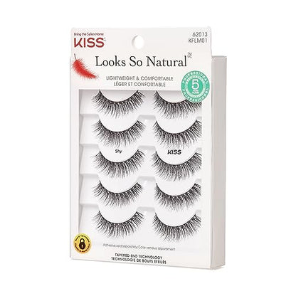 KISS Looks So Natural, False Eyelashes, 'Shy', 12 mm, Includes 5 Pairs Of Lashes, Contact Lens Friendly, Easy to Apply, Reusable Strip Lashes, Glue On