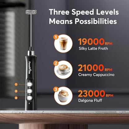 FoodVille MF02 Rechargeable Milk Frother Handheld Foam Maker with Stainless Whisk for Cappuccino, Latte, Bulletproof Coffee, Keto Diet, Protein Powder, Matcha