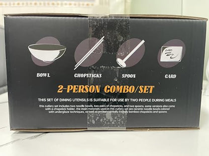 8-Inch Ceramic Ramen Bowl Set of 2 (9 Piece) - Porcelain Japanese Salad Noodles Cereal Fruit Pasta Soup Large Bowls with Recipes Chopsticks Forks Spoons for Men Women Gift Microwave & Dishwasher Safe
