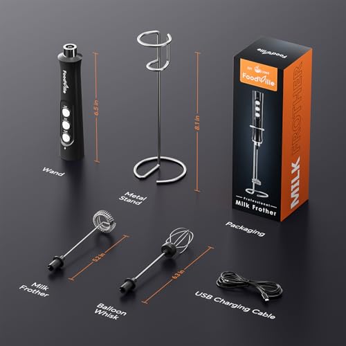 FoodVille MF02 Rechargeable Milk Frother Handheld Foam Maker with Stainless Whisk for Cappuccino, Latte, Bulletproof Coffee, Keto Diet, Protein Powder, Matcha