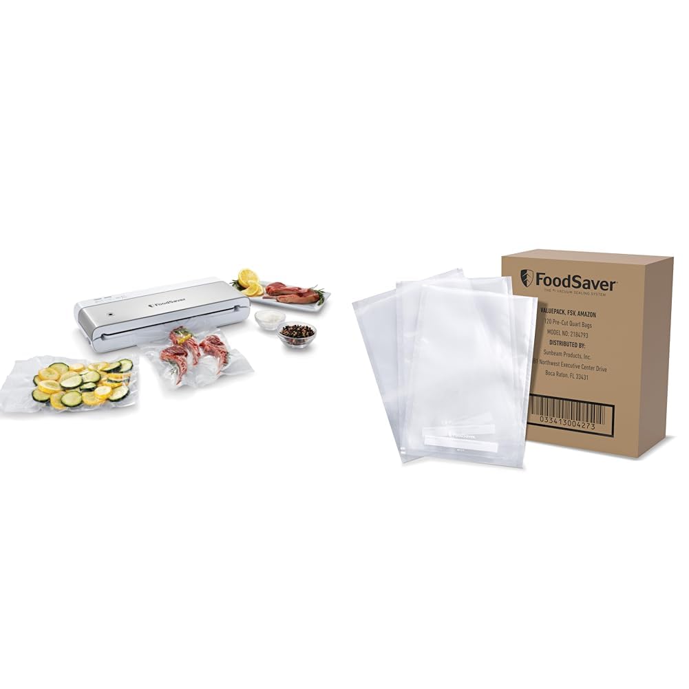 FoodSaver Compact Vacuum Sealer Machine with Sealer Bags and Roll for Airtight Food Storage and Sous Vide, White & Quart Vacuum Seal Bags, BPA-Free for Food Storage and Sous Vide, 120 Count
